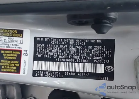 2008 Toyota Avalon Limited z USA, uszkodzony, nr VIN 4T1BK36B98U304103